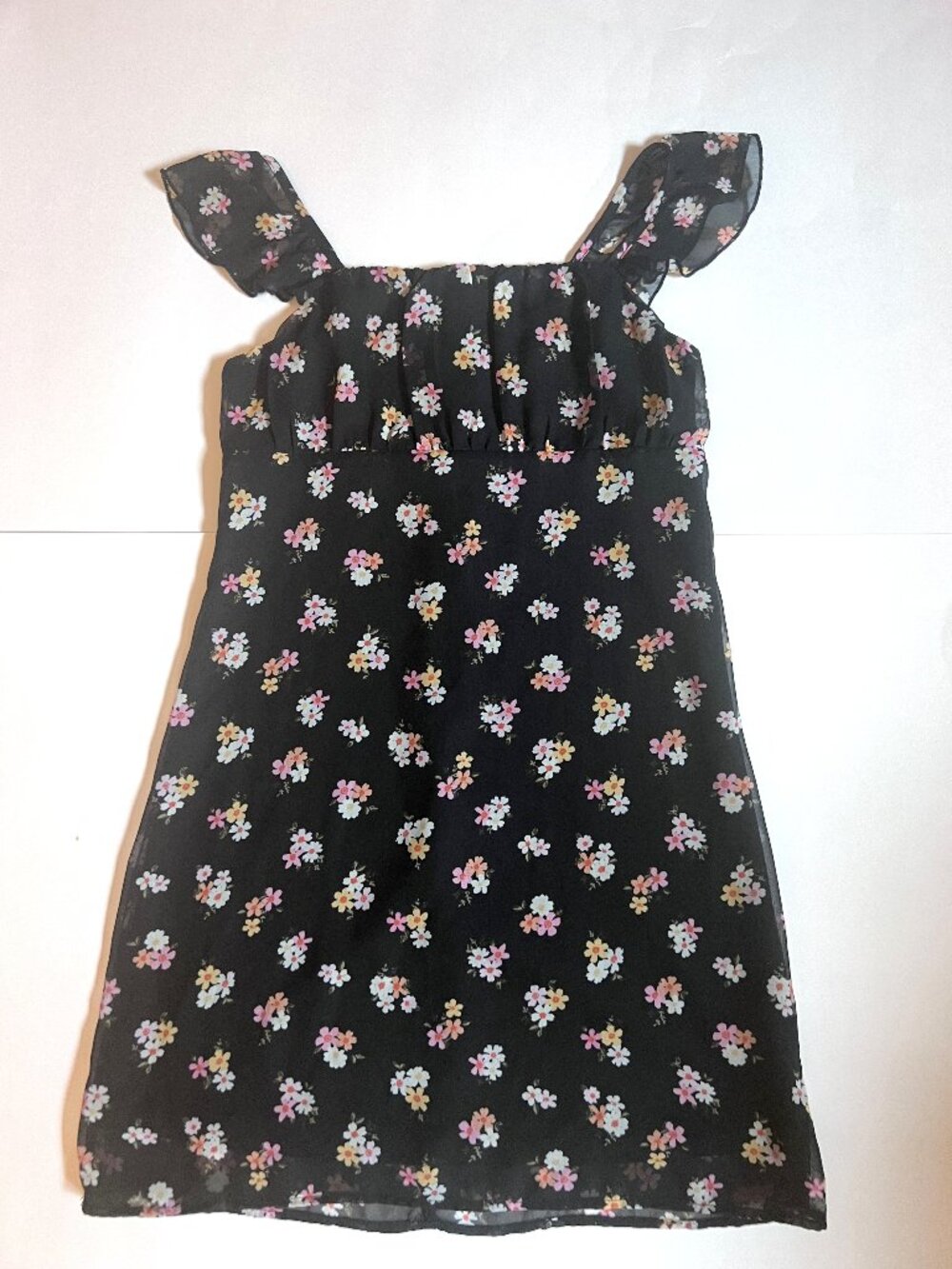 Cute Art Class Black Floral Dress with Ruffled Cap Sleeves-Size Girls 10-12